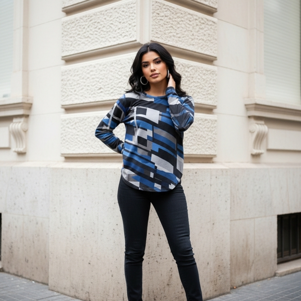 Stradivarius Blue and Black Abstract Long Sleeve Top
